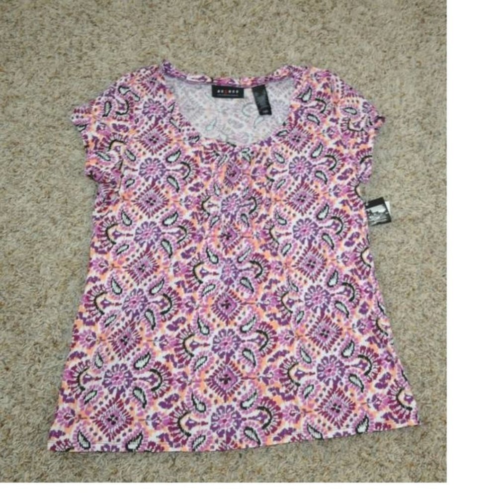 Axcess Peasant Top Womens S Purple Paisley Short Sleeve Round Neck Shirt